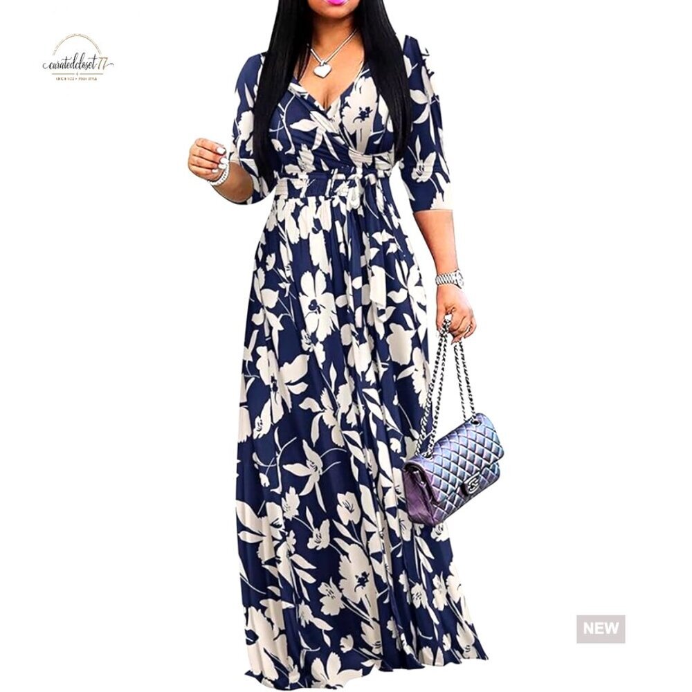 Plus Size Maxi Dress Wrap V Neck 3/4 Sleeve Casual Summer Sundress with Pockets